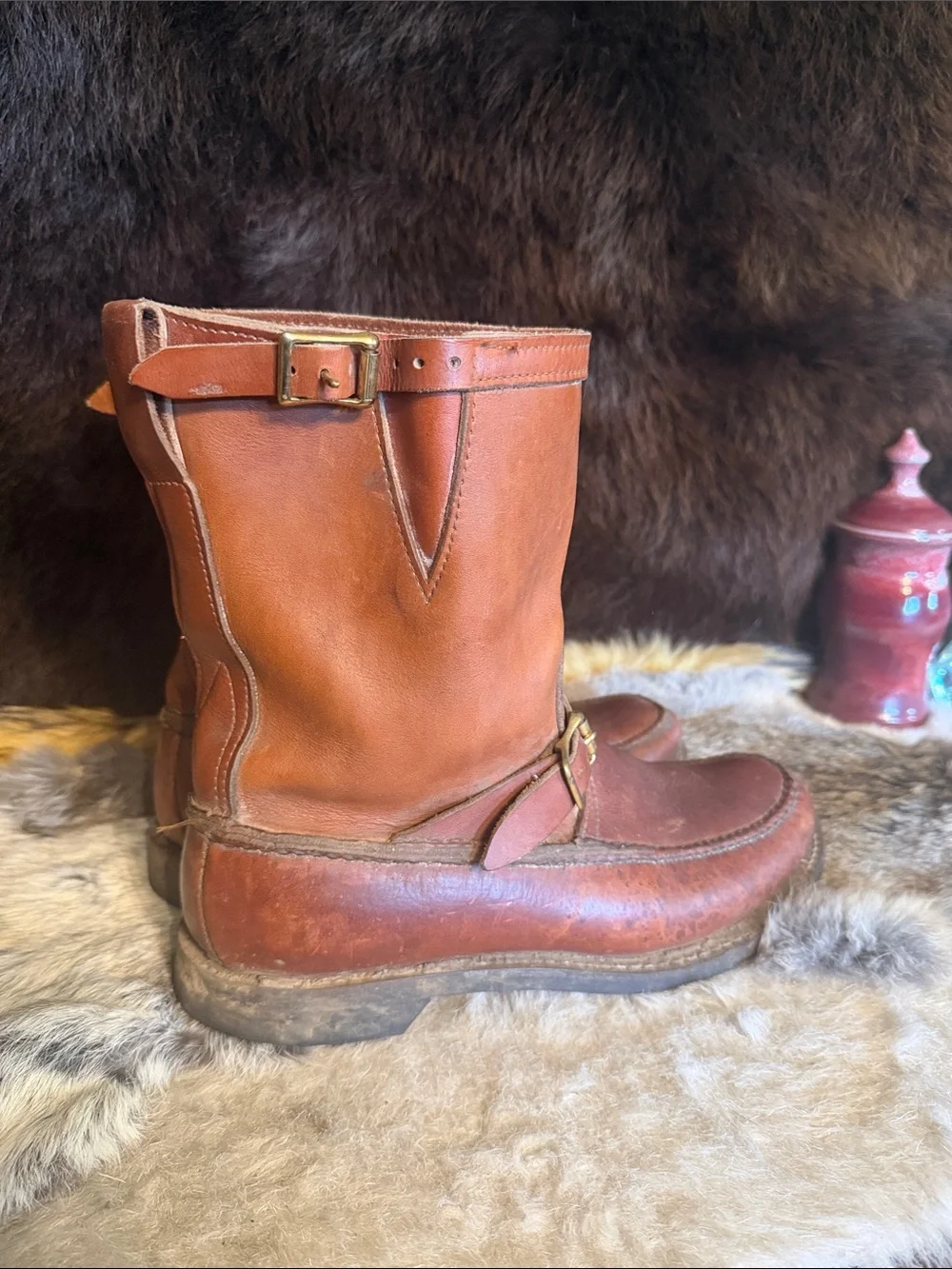 Men's Brown Leather Buckle Boots 10 (1825)